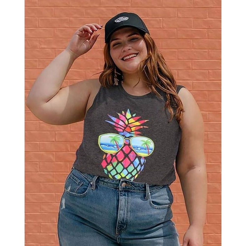 rosemia Pineapple Graphic Tank Top Women XXL Gray Summer Tropical Muscle Tee